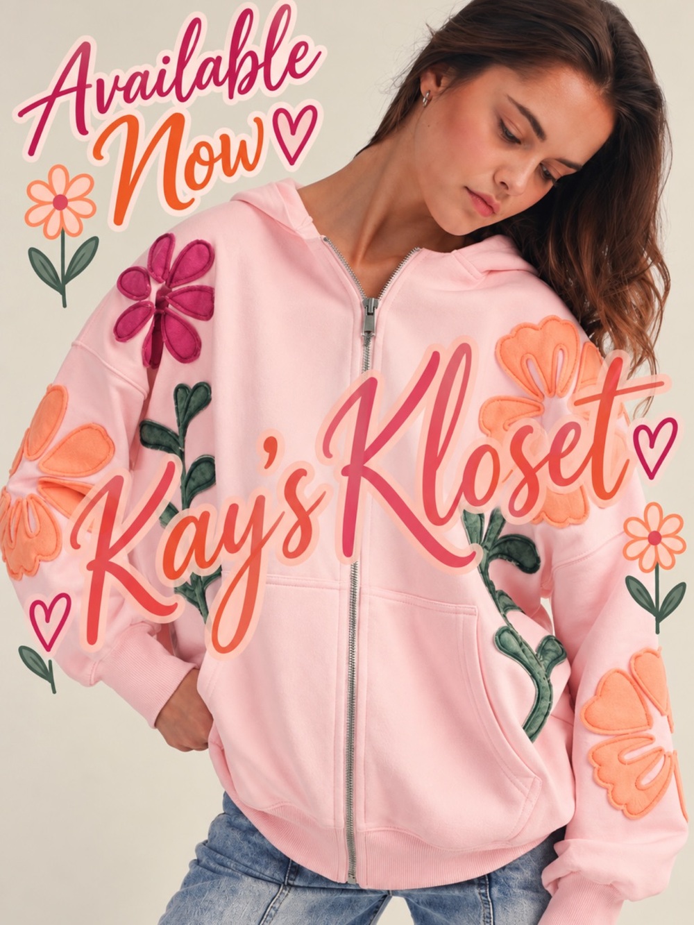 BF93–🩷🌸Pink Floral Appliqué Zip Bomber Hoodie